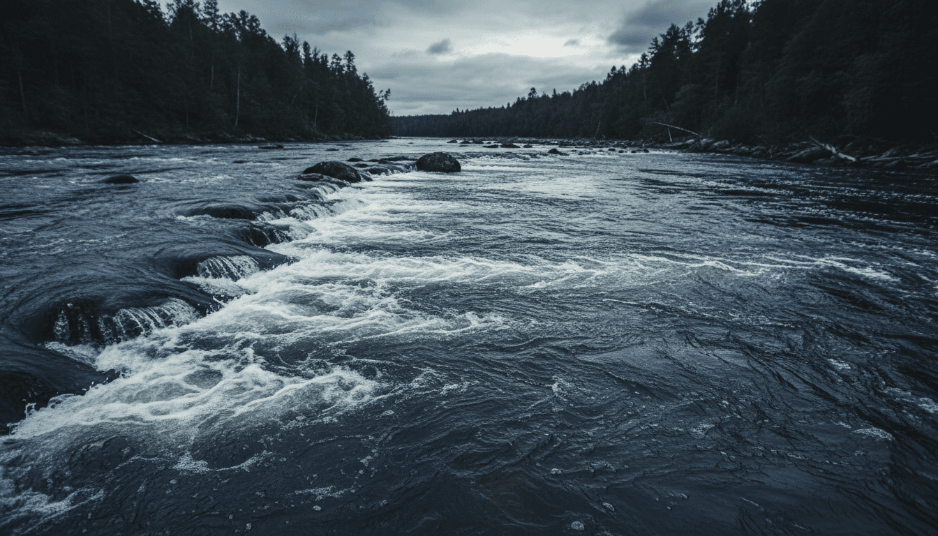 Turbulent river rapids flowing over rocks, symbolizing hydrokinetic energy