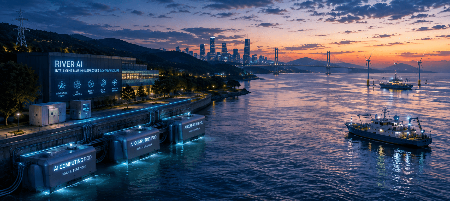 Futuristic riverfront facility featuring glowing AI computing pods and a city skyline at sunset.
